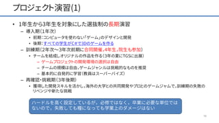 プロジェクト演習(1)
• 1年生から3年生を対象にした選抜制の長期演習
– 導入期（１年次）
• 前期：コンピュータを使わない「ゲーム」のデザインと開発
• 後期：すべての学生がC＃で3Dのゲームを作る
– 訓練期（２年次～３年次前期に合同開催，4年生，院生も参加）
• チームを結成しオリジナルの作品を作る（３年の夏にTGSに出展）
– ゲームプロジェクトの開発環境の選択は自由
– チームの規模は自由，ゲームジャンルは挑戦的なものを推奨
– 基本的に自発的に学習（教員はスーパーバイズ）
– 再確認・挑戦期（３年後期）
• 獲得した開発スキルを活かし，海外の大学との共同開発やプロとのゲームジャムで，訓練期の失敗の
リベンジや新たな挑戦
16
ハードルを高く設定しているが，必修ではなく，卒業に必要な単位では
ないので，失敗しても糧になっても学業上のダメージはない
 