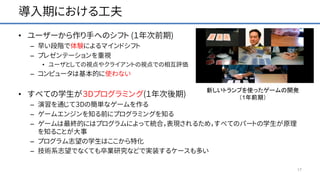 導入期における工夫
• ユーザーから作り手へのシフト (１年次前期)
– 早い段階で体験によるマインドシフト
– プレゼンテーションを重視
• ユーザとしての視点やクライアントの視点での相互評価
– コンピュータは基本的に使わない
• すべての学生が３Dプログラミング(１年次後期)
– 演習を通じて３Dの簡単なゲームを作る
– ゲームエンジンを知る前にプログラミングを知る
– ゲームは最終的にはプログラムによって統合，表現されるため，すべてのパートの学生が原理
を知ることが大事
– プログラム志望の学生はここから特化
– 技術系志望でなくても卒業研究などで実装するケースも多い
17
新しいトランプを使ったゲームの開発
（1年前期）
 
