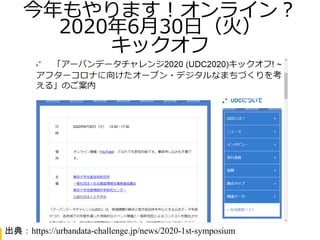 2019アーバンデータチャレンジ京都 in NDL関西館
今年もやります！オンライン？
2020年6月30日（火）
キックオフ
出典：https://urbandata-challenge.jp/news/2020-1st-symposium
 