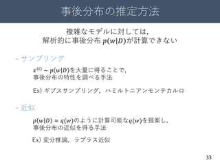 事後分布の推定方法
33
複雑なモデルに対しては，
解析的に事後分布 𝑝 𝑤 𝐷 が計算できない
- サンプリング
- 近似
𝑥(𝑖)
∼ 𝑝 𝑤 𝐷 を大量に得ることで，
事後分布の特性を調べる手法
Ex) ギブスサンプリング，ハミルトニアンモンテカルロ
𝑝 𝑤 𝐷 ≈ 𝑞(𝑤)のように計算可能な𝑞(𝑤)を提案し，
事後分布の近似を得る手法
Ex) 変分推論，ラプラス近似
 