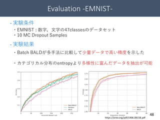 Evaluation -EMNIST-
48
・EMNIST : 数字，文字の47classesのデータセット
・10 MC Dropout Samples
・Batch BALDが多手法に比較して少量データで高い精度を示した
・カテゴリカル分布のentropyより多様性に富んだデータを抽出が可能
https://arxiv.org/pdf/1906.08158.pdf
- 実験条件
- 実験結果
 