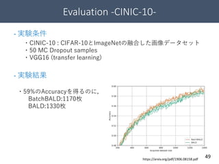 Evaluation -CINIC-10-
49
・CINIC-10 : CIFAR-10とImageNetの融合した画像データセット
・50 MC Dropout samples
・VGG16 (transfer learning)
https://arxiv.org/pdf/1906.08158.pdf
- 実験条件
- 実験結果
・59%のAccuracyを得るのに，
BatchBALD:1170枚
BALD:1330枚
 