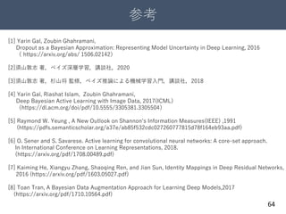 参考
64
[1] Yarin Gal, Zoubin Ghahramani,
Dropout as a Bayesian Approximation: Representing Model Uncertainty in Deep Learning, 2016
（ https://arxiv.org/abs/ 1506.02142）
[2]須山敦志 著，ベイズ深層学習，講談社，2020
[3]須山敦志 著，杉山将 監修，ベイズ推論による機械学習入門，講談社，2018
[4] Yarin Gal, Riashat Islam, Zoubin Ghahramani,
Deep Bayesian Active Learning with Image Data, 2017(ICML)
（https://dl.acm.org/doi/pdf/10.5555/3305381.3305504）
[5] Raymond W. Yeung , A New Outlook on Shannon’s Information Measures(IEEE) ,1991
(https://pdfs.semanticscholar.org/a37e/ab85f532cdc027260777815d78f164eb93aa.pdf)
[6] O. Sener and S. Savarese. Active learning for convolutional neural networks: A core-set approach.
In International Conference on Learning Representations, 2018.
(https://arxiv.org/pdf/1708.00489.pdf)
[7] Kaiming He, Xiangyu Zhang, Shaoqing Ren, and Jian Sun, Identity Mappings in Deep Residual Networks,
2016 (https://arxiv.org/pdf/1603.05027.pdf)
[8] Toan Tran, A Bayesian Data Augmentation Approach for Learning Deep Models,2017
(https://arxiv.org/pdf/1710.10564.pdf)
 