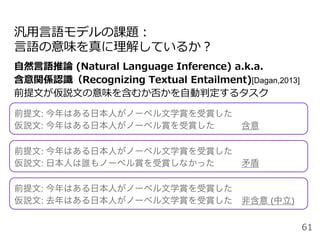 汎⽤⾔語モデルの課題：
⾔語の意味を真に理解しているか？
⾃然⾔語推論 (Natural Language Inference) a.k.a.
含意関係認識（Recognizing Textual Entailment)[Dagan,2013]
前提⽂が仮説⽂の意味を含むか否かを⾃動判定するタスク
61
前提文: 今年はある日本人がノーベル文学賞を受賞した
仮説文: 今年はある日本人がノーベル賞を受賞した   含意
前提文: 今年はある日本人がノーベル文学賞を受賞した
仮説文: 日本人は誰もノーベル賞を受賞しなかった   矛盾
前提文: 今年はある日本人がノーベル文学賞を受賞した
仮説文: 去年はある日本人がノーベル文学賞を受賞した 非含意 (中立)
 