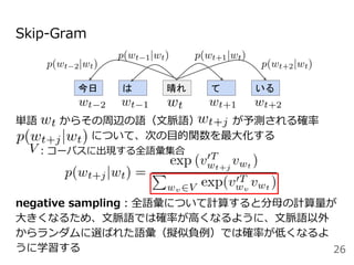 Skip-Gram
単語 からその周辺の語（文脈語） が予測される確率
について、次の目的関数を最大化する
：コーパスに出現する全語彙集合
negative sampling：全語彙について計算すると分母の計算量が
大きくなるため、文脈語では確率が高くなるように、文脈語以外
からランダムに選ばれた語彙（擬似負例）では確率が低くなるよ
うに学習する
今日 は 晴れ て いる
26
 