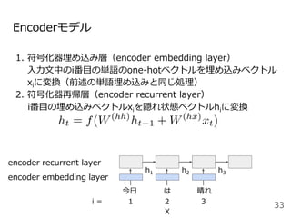 h2
Encoderモデル
1. 符号化器埋め込み層（encoder embedding layer）
入力文中のi番目の単語のone-hotベクトルを埋め込みベクトル
xiに変換（前述の単語埋め込みと同じ処理）
2. 符号化器再帰層（encoder recurrent layer）
i番目の埋め込みベクトルxiを隠れ状態ベクトルhiに変換
33
今日 は 晴れ
i = 1 2
X
3
encoder embedding layer
encoder recurrent layer
h1 h3
 