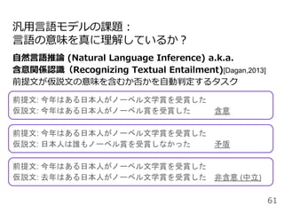 汎用言語モデルの課題：
言語の意味を真に理解しているか？
自然言語推論 (Natural Language Inference) a.k.a.
含意関係認識（Recognizing Textual Entailment)[Dagan,2013]
前提文が仮説文の意味を含むか否かを自動判定するタスク
61
前提文: 今年はある日本人がノーベル文学賞を受賞した
仮説文: 今年はある日本人がノーベル賞を受賞した 含意
前提文: 今年はある日本人がノーベル文学賞を受賞した
仮説文: 日本人は誰もノーベル賞を受賞しなかった 矛盾
前提文: 今年はある日本人がノーベル文学賞を受賞した
仮説文: 去年はある日本人がノーベル文学賞を受賞した 非含意 (中立)
 