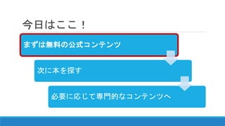 今日はここ！
まずは無料の公式コンテンツ
次に本を探す
必要に応じて専門的なコンテンツへ
 