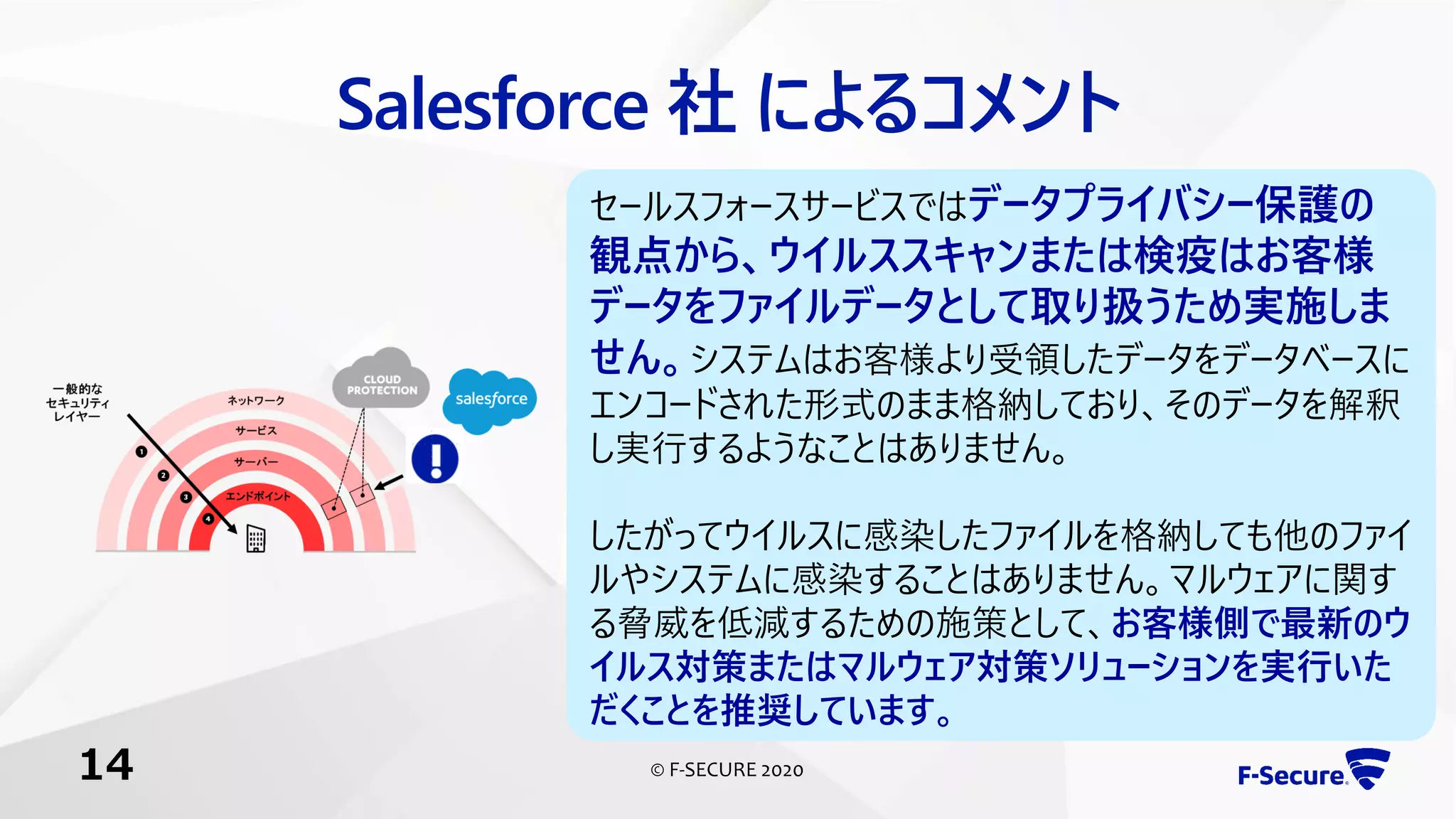 © F-SECURE 2020
Salesforce 社 によるコメント
クラウド上 コンテンツの安全性確保はユーザ側の責任です
企業の社内端末は、エンドポイントセキュリティにより保護されますが、
Salesforceはパートナーやエンドユーザとコンテンツを共有する場としても
使用されます
このような場所を通じてマルウェアが拡散されてしまうと、
企業のイメージダウンにもつながります
クラウドプラットフォーム上にセキュリティ機能を導入することで、
組織の内外に関わらず、安全性を確保することが可能になります
!
!
!
!
14
セールスフォースサービスではデータプライバシー保護の
観点から、ウイルススキャンまたは検疫はお客様
データをファイルデータとして取り扱うため実施しま
せん。システムはお客様より受領したデータをデータベースに
エンコードされた形式のまま格納しており、そのデータを解釈
し実行するようなことはありません。
したがってウイルスに感染したファイルを格納しても他のファイ
ルやシステムに感染することはありません。マルウェアに関す
る脅威を低減するための施策として、お客様側で最新のウ
イルス対策またはマルウェア対策ソリューションを実行いた
だくことを推奨しています。
 
