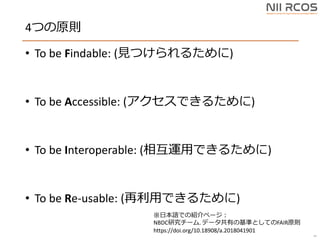 4Ĥԭt
? To be Findable: (ҊĤ뤿)
? To be Accessible: (Ǥ뤿)
? To be Interoperable: (໥\äǤ뤿)
? To be Re-usable: (äǤ뤿)
39
ձZǤνBک`
NBDCо`. ǩ`ФλʤȤƤFAIRԭt
https://doi.org/10.18908/a.2018041901
 
