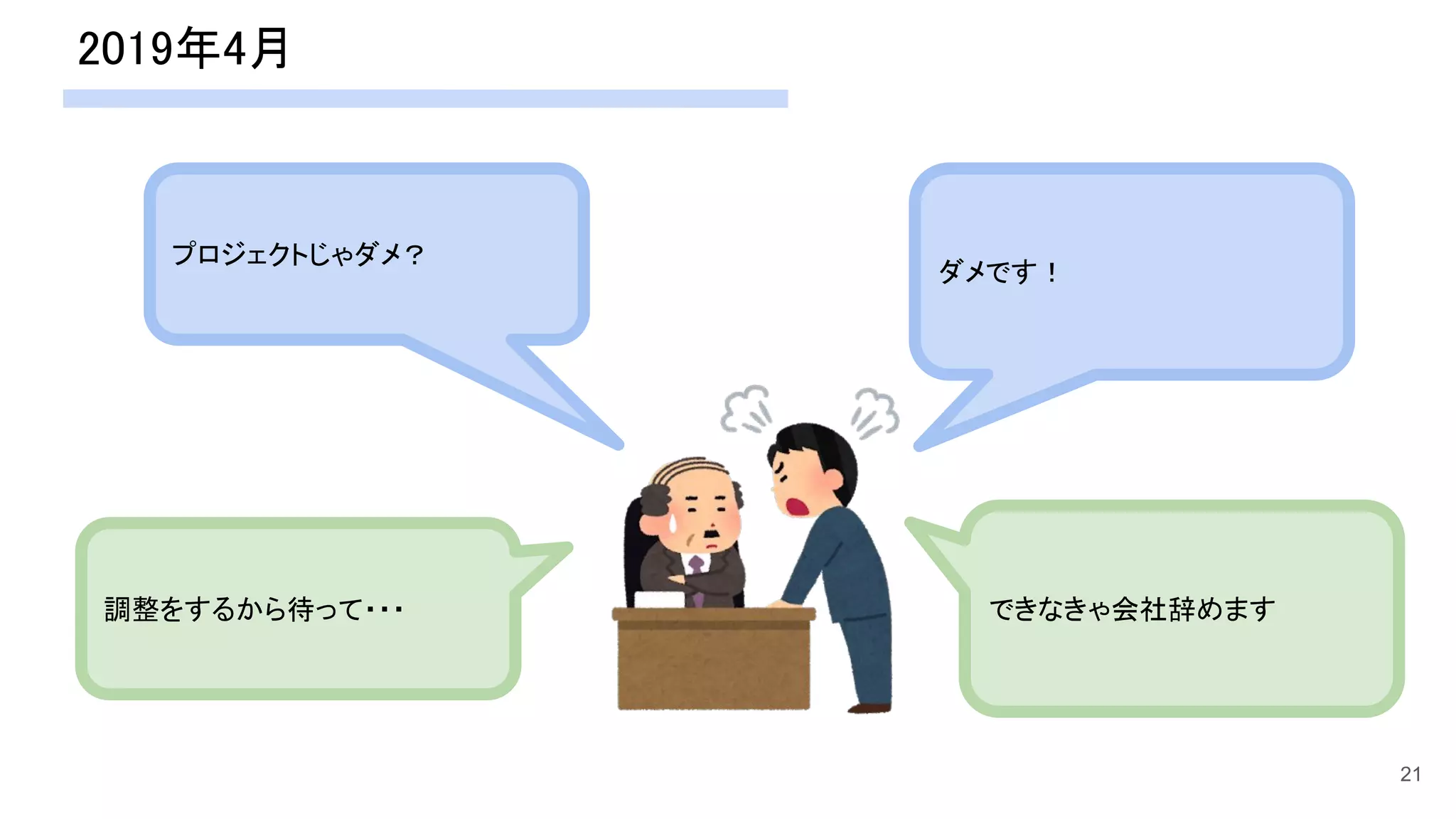 2019年4月 
21
プロジェクトじゃダメ？  
ダメです！ 
調整をするから待って・・・   できなきゃ会社辞めます  
 