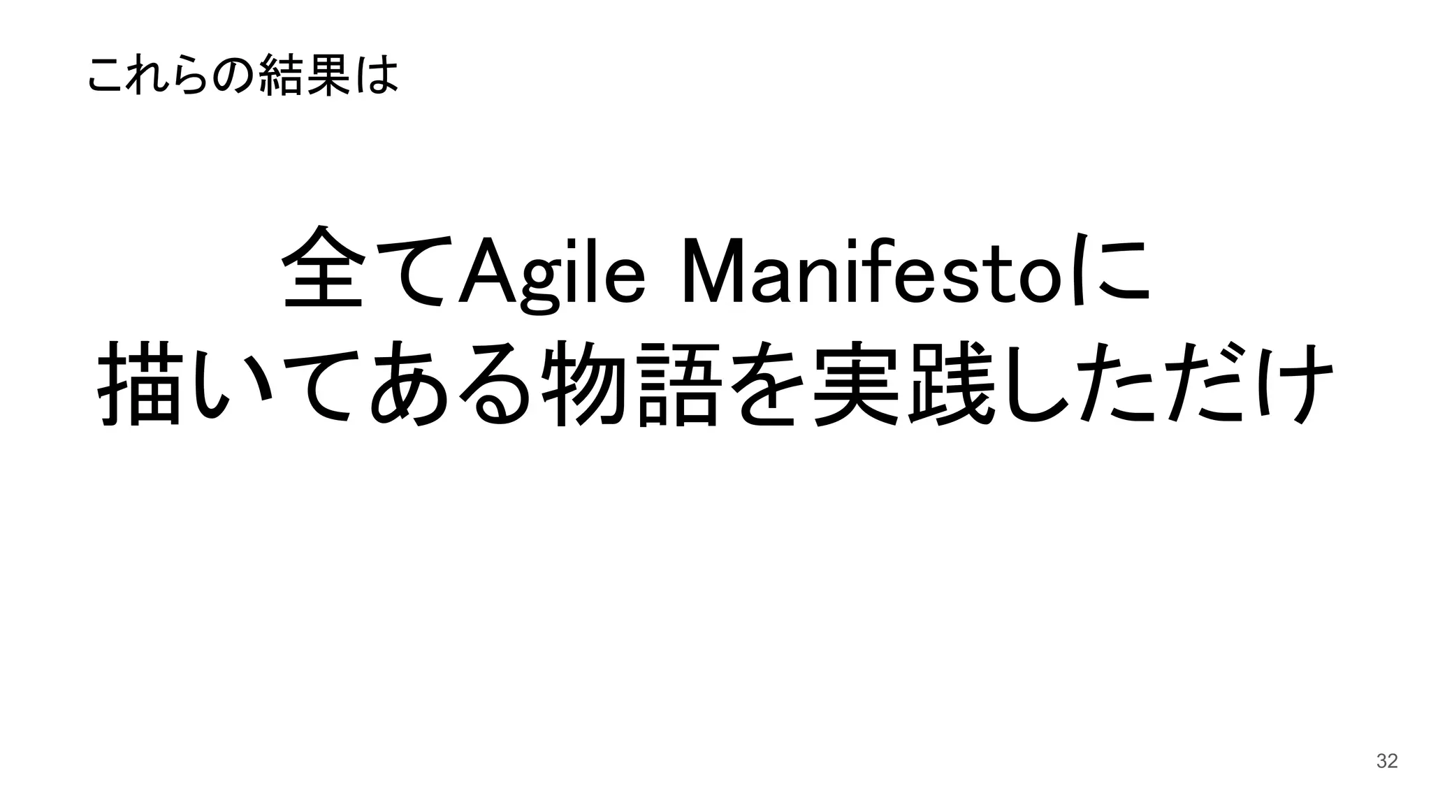 これらの結果は 
全てAgile Manifestoに 
描いてある物語を実践しただけ 
32
 