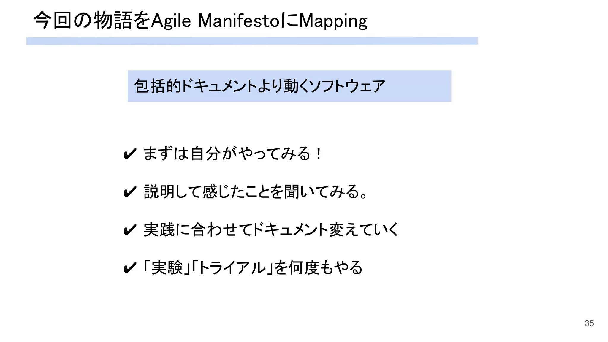 今回の物語をAgile ManifestoにMapping 
35
✔ まずは自分がやってみる！ 
 
✔ 説明して感じたことを聞いてみる。 
 
✔ 実践に合わせてドキュメント変えていく 
 
✔ 「実験」「トライアル」を何度もやる 
包括的ドキュメントより動くソフトウェア
 