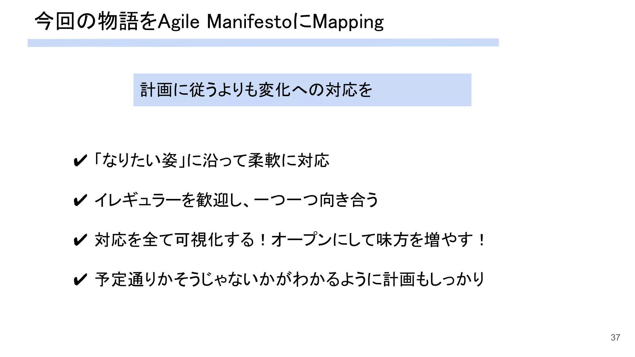 今回の物語をAgile ManifestoにMapping 
37
✔ 「なりたい姿」に沿って柔軟に対応 
 
✔ イレギュラーを歓迎し、一つ一つ向き合う 
 
✔ 対応を全て可視化する！オープンにして味方を増やす！ 
 
✔ 予定通りかそうじゃないかがわかるように計画もしっかり 
計画に従うよりも変化への対応を
 