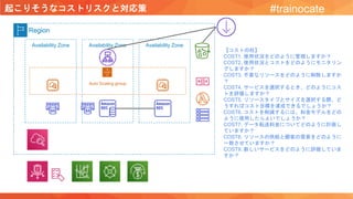 起こりそうなコストリスクと対応策 #trainocate
Region
Availability Zone Availability Zone Availability Zone
Auto Scaling group
【コストの柱】
COST1. 使用状況をどのように管理しますか？
COST2. 使用状況とコストをどのようにモニタリン
グしますか？
COST3. 不要なリソースをどのように削除しますか
？
COST4. サービスを選択するとき、どのようにコス
トを評価しますか？
COST5. リソースタイプとサイズを選択する際、ど
うすればコスト目標を達成できるでしょうか？
COST6. コストを削減するには、料金モデルをどの
ように使用したらよいでしょうか？
COST7. データ転送料金についてどのように計画し
ていますか？
COST8. リソースの供給と顧客の需要をどのように
一致させていますか？
COST9. 新しいサービスをどのように評価していま
すか？
 