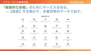 パフォーマンス効率の柱 #trainocate
「継続的な挑戦」のためにサービスを知る。
→【推奨】手を動かす、本番同等のデータで試す。
 