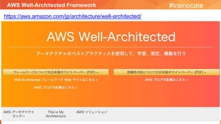 AWS Well-Architected Framework #trainocate
https://aws.amazon.com/jp/architecture/well-architected/
 