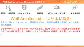 AWS Well-Architected Framework 5本の柱 #trainocate
運用上の優秀性 セキュリティ 信頼性 パフォーマンス効率 コスト最適化
Well-Architected = よりよい設計
安全で、高いパフォーマンス、障害耐性があり、効率的な運用と最適なコストを兼ね
備えた設計。
アンチパターン→セキュリティリスクが散見、遅いレスポンス、HWひとつの障害が
システム全体に影響して、手動によりエラーが発生する運用、無尽蔵にコストが発生
。
 