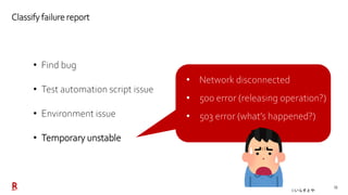13
Classify failure report
• Find bug
• Test automation script issue
• Environment issue
• Temporary unstable
• Network di...