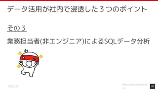 https://www.monotaro.co
2020.2.13
その３
業務担当者(非エンジニア)によるSQLデータ分析
24
データ活用が社内で浸透した３つのポイント
 
