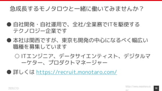 https://www.monotaro.co
2020.2.13
急成長するモノタロウと一緒に働いてみませんか？
● 自社開発・自社運用で、全社/全業務でITを駆使する
テクノロジー企業です
● 本社は関西ですが、東京も開発の中心になるべく幅広い
職種を募集しています
○ ITエンジニア、データサイエンティスト、デジタルマ
ーケター、プロダクトマネージャー
● 詳しくは https://recruit.monotaro.com/
50
 