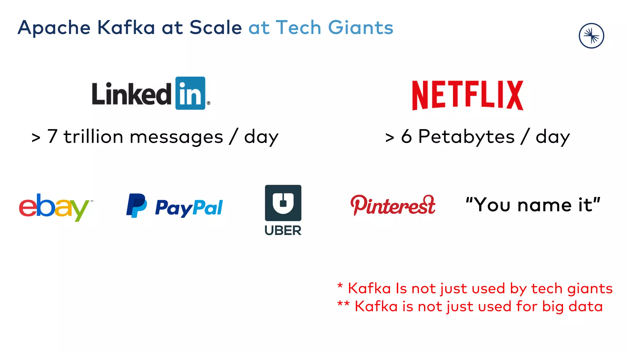 Apache Kafka at Scale at Tech Giants > 7 trillion messages / day > 6 Petabytes / day “You name it” * Kafka Is not just used by tech giants ** Kafka is not just used for big data 