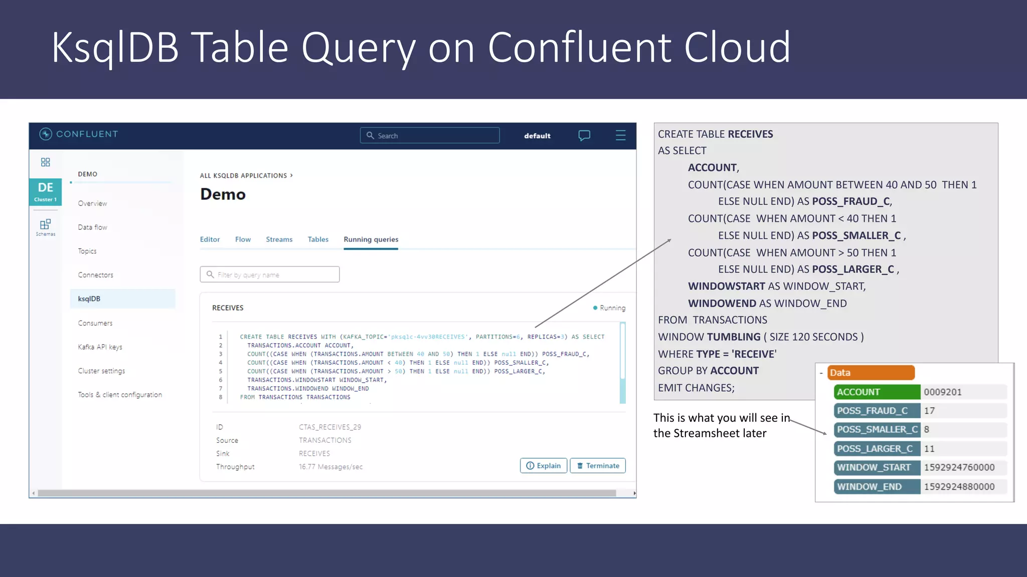 KsqlDB Table Query on Confluent Cloud CREATE TABLE RECEIVES AS SELECT ACCOUNT, COUNT(CASE WHEN AMOUNT BETWEEN 40 AND 50 THEN 1 ELSE NULL END) AS POSS_FRAUD_C, COUNT(CASE WHEN AMOUNT < 40 THEN 1 ELSE NULL END) AS POSS_SMALLER_C , COUNT(CASE WHEN AMOUNT > 50 THEN 1 ELSE NULL END) AS POSS_LARGER_C , WINDOWSTART AS WINDOW_START, WINDOWEND AS WINDOW_END FROM TRANSACTIONS WINDOW TUMBLING ( SIZE 120 SECONDS ) WHERE TYPE = 'RECEIVE' GROUP BY ACCOUNT EMIT CHANGES; This is what you will see in the Streamsheet later 