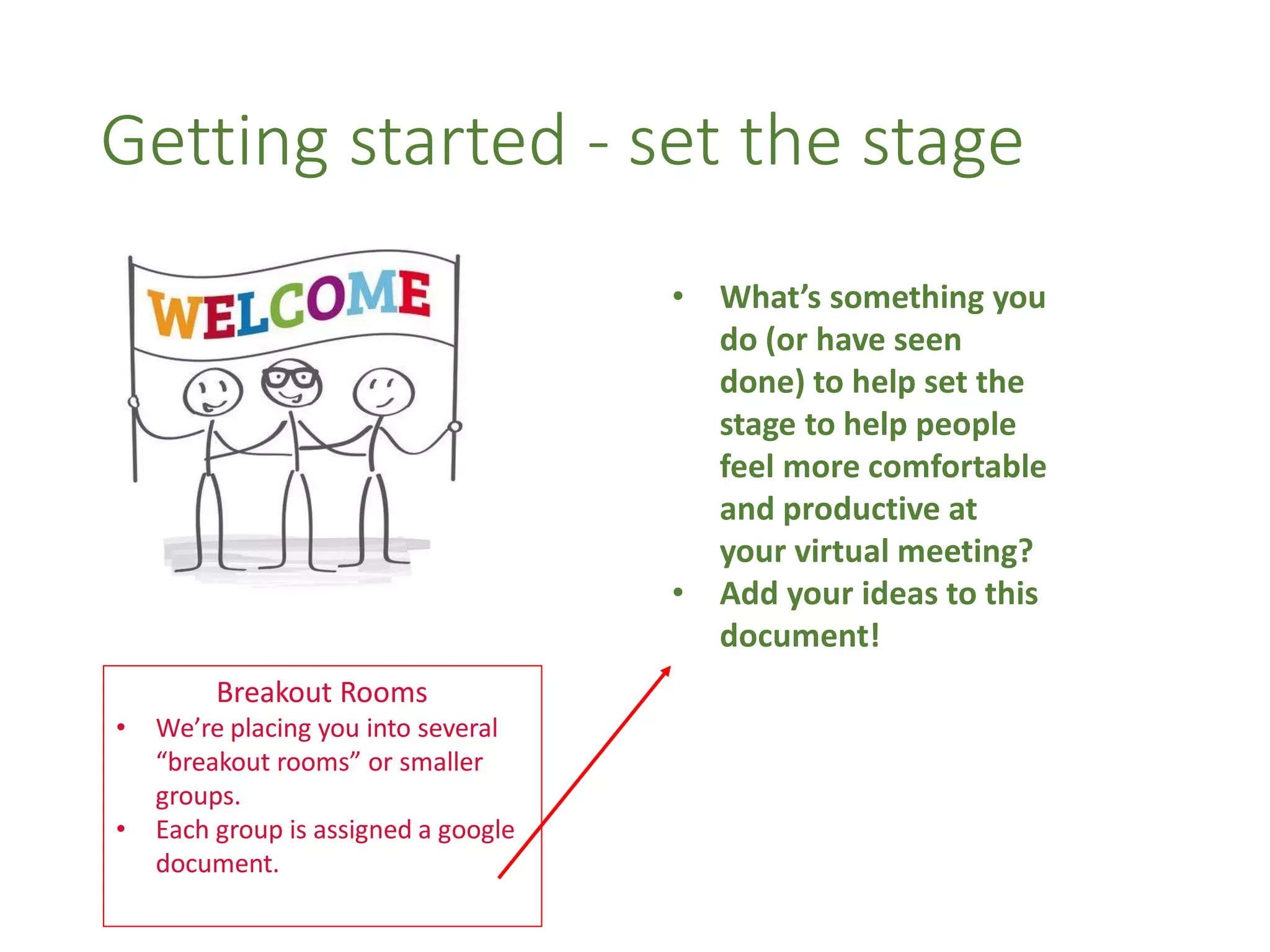 Getting started - set the stage
• What’s something you
do (or have seen
done) to help set the
stage to help people
feel more comfortable
and productive at
your virtual meeting?
• Add your ideas to this
document!
Breakout Rooms
• We’re placing you into several
“breakout rooms” or smaller
groups.
• Each group is assigned a google
document.
 