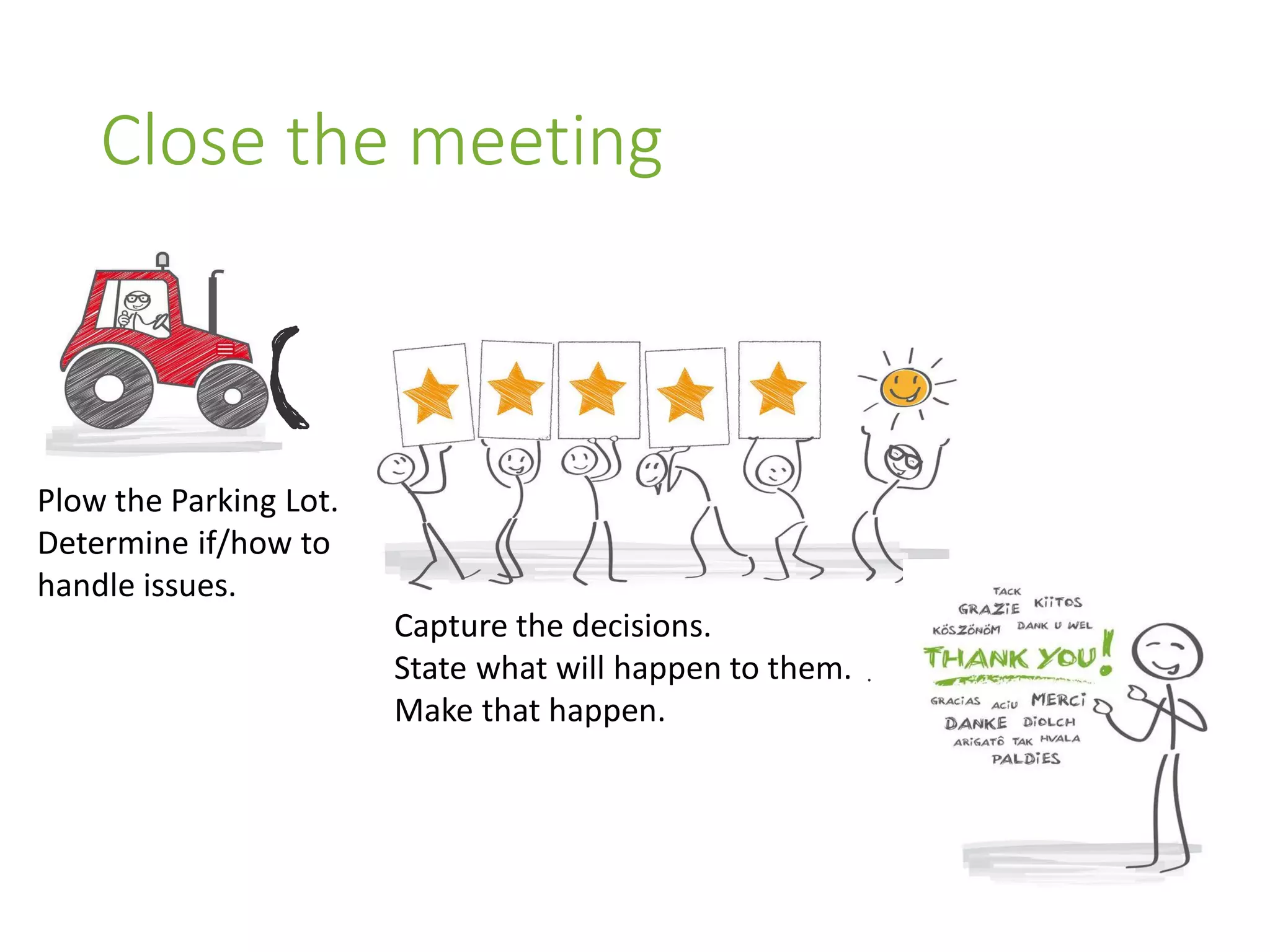 Close the meeting
Capture the decisions.
State what will happen to them.
Make that happen.
Plow the Parking Lot.
Determine if/how to
handle issues.
 