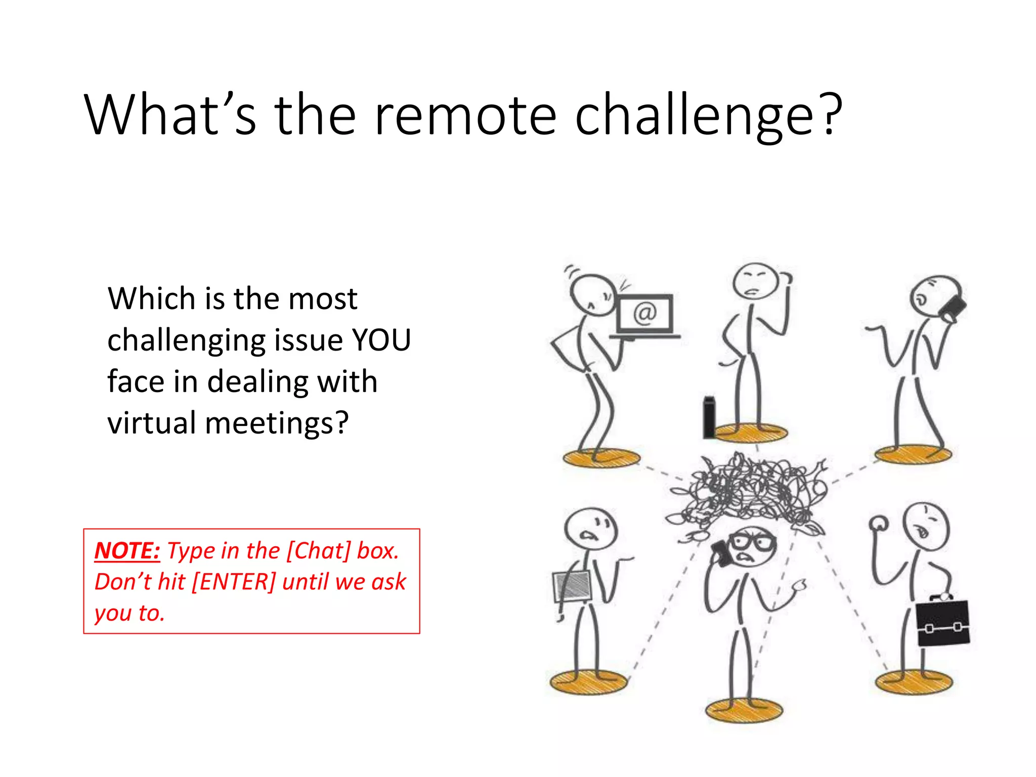 What’s the remote challenge?
Which is the most
challenging issue YOU
face in dealing with
virtual meetings?
NOTE: Type in the [Chat] box.
Don’t hit [ENTER] until we ask
you to.
 