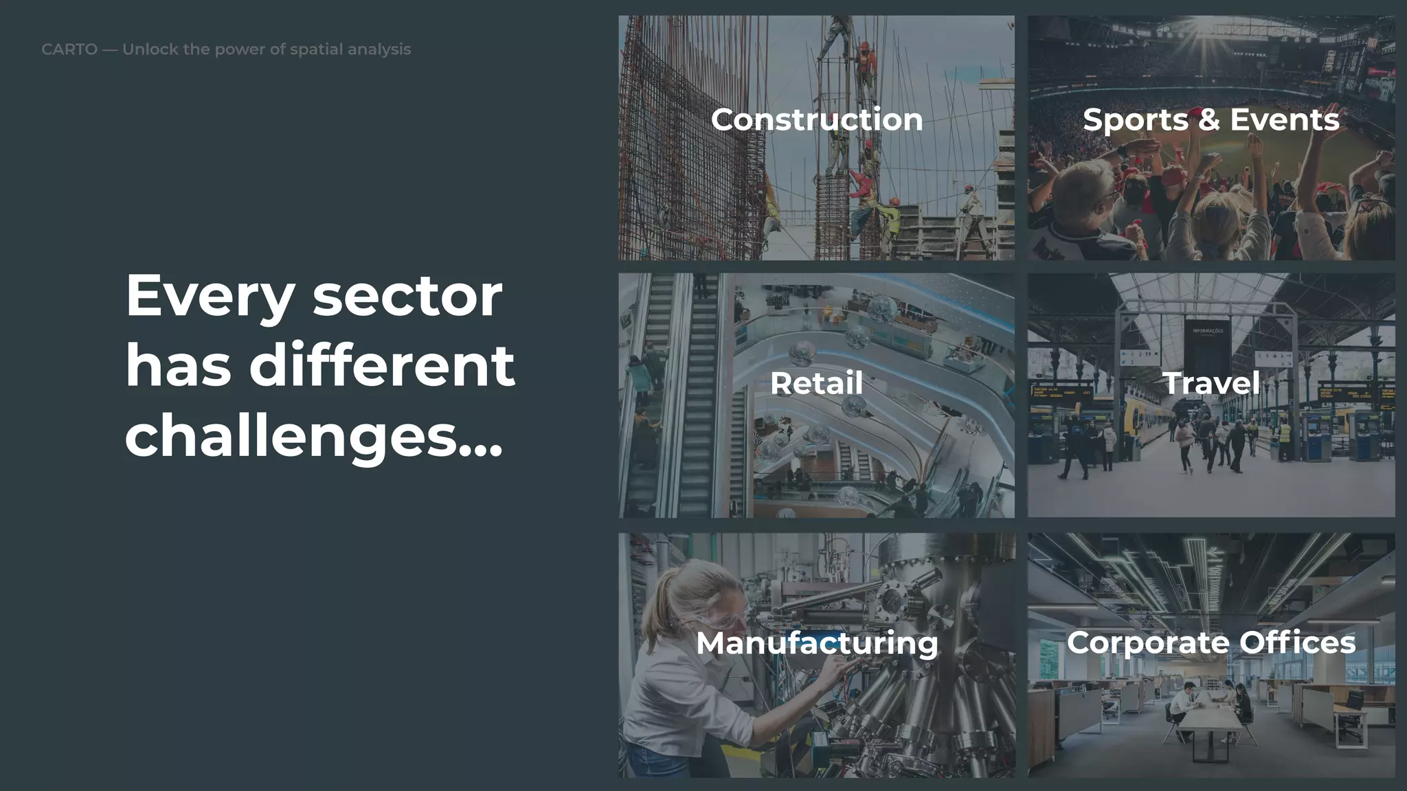 CARTO — Unlock the power of spatial analysis
Every sector
has different
challenges...
Manufacturing
Retail
Construction Sports & Events
Travel
Corporate Ofﬁces
 