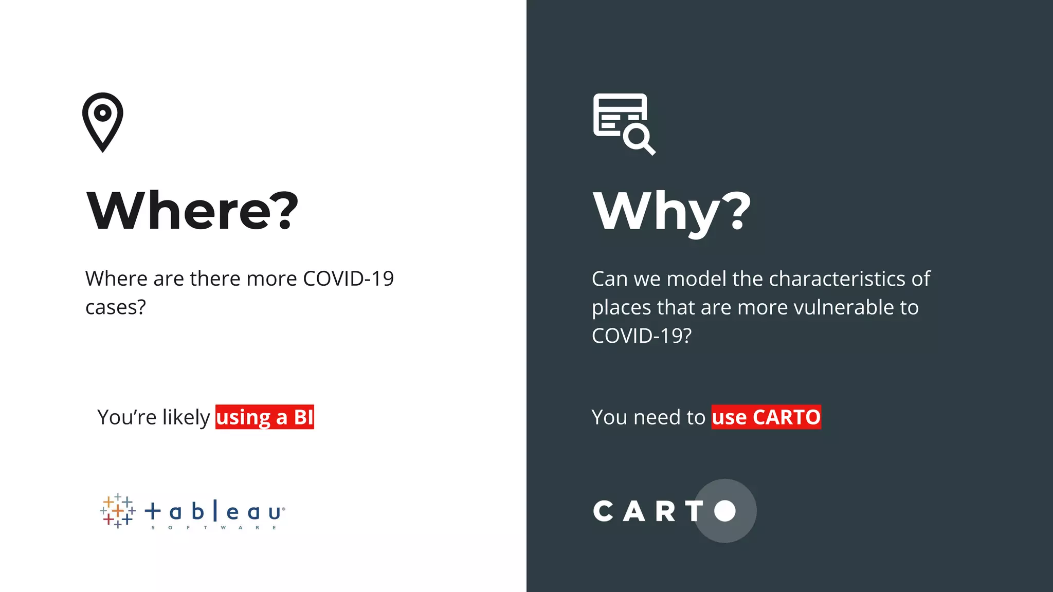 CARTO — Turn Location Data into Business Outcomes
Where?
Where are there more COVID-19
cases?
Why?
Can we model the characteristics of
places that are more vulnerable to
COVID-19?
You’re likely using a BI You need to use CARTO
 