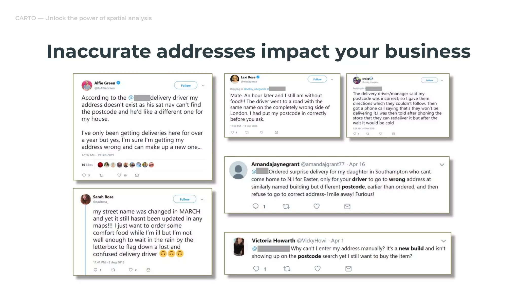 CARTO — Unlock the power of spatial analysis
Inaccurate addresses impact your business
 
