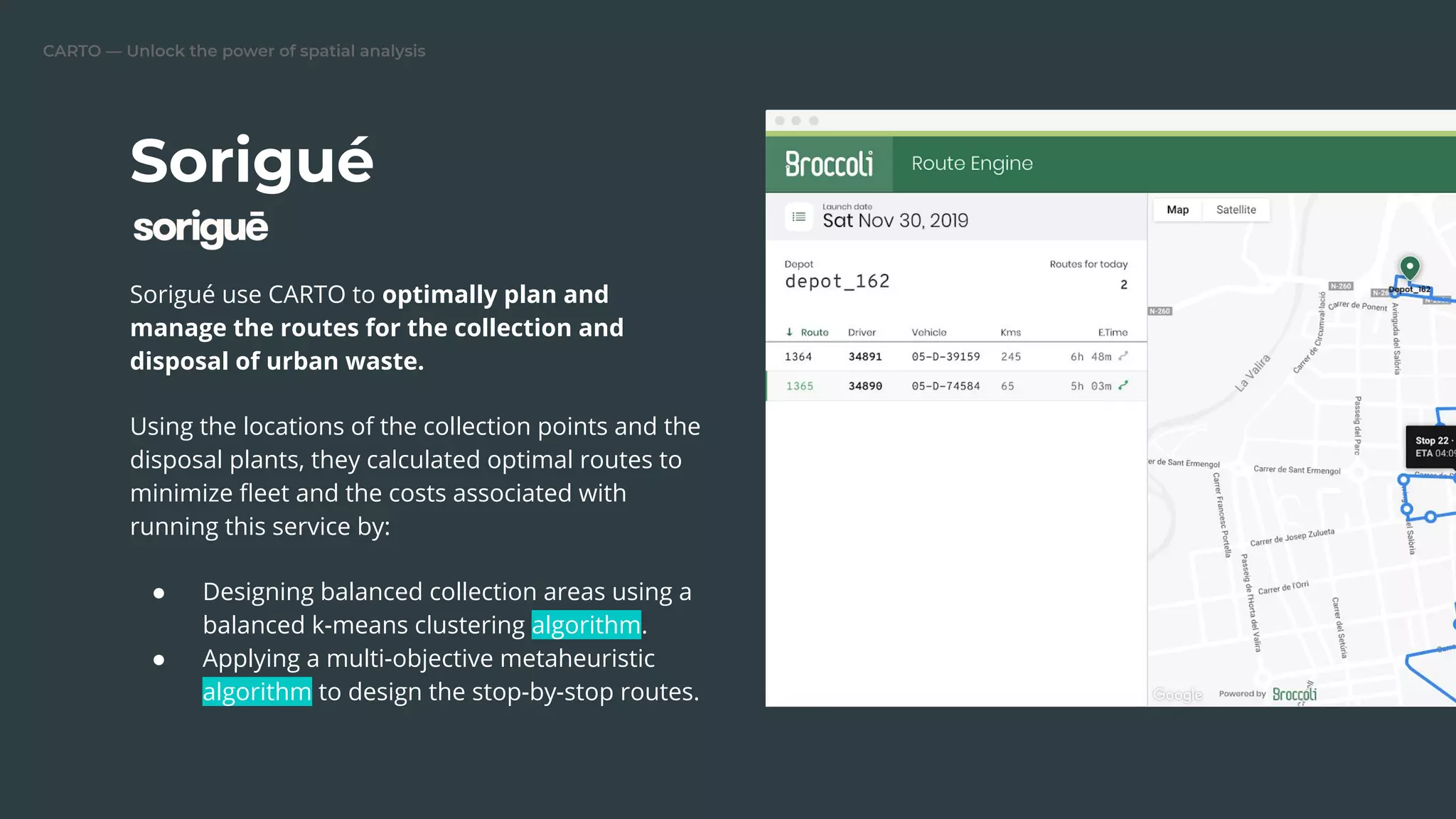 CARTO — Unlock the power of spatial analysis
Sorigué
Sorigué use CARTO to optimally plan and
manage the routes for the collection and
disposal of urban waste.
Using the locations of the collection points and the
disposal plants, they calculated optimal routes to
minimize ﬂeet and the costs associated with
running this service by:
● Designing balanced collection areas using a
balanced k-means clustering algorithm.
● Applying a multi-objective metaheuristic
algorithm to design the stop-by-stop routes.
 