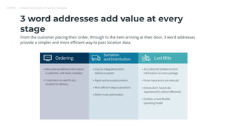 CARTO — Unlock the power of spatial analysis
3 word addresses add value at every
stage
From the customer placing their order, through to the item arriving at their door, 3 word addresses
provide a simpler and more eﬃcient way to pass location data.
 