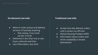 CARTO — Unlock the power of spatial analysis
On-demand Last-mile
● Allow to order pickup and delivery
services of basically anything
a. Ride Hailing, Food, Small
parcels, Errands
● Delivered in less than one or two
hours, (almost) real-time
● Less information, less time
Traditional Last-mile
● Accept next-day delivery orders
until a certain cut-oﬀ time
● Vehicle Routing Problem (VRP)
● Information about orders and
driver availability is known
beforehand
 