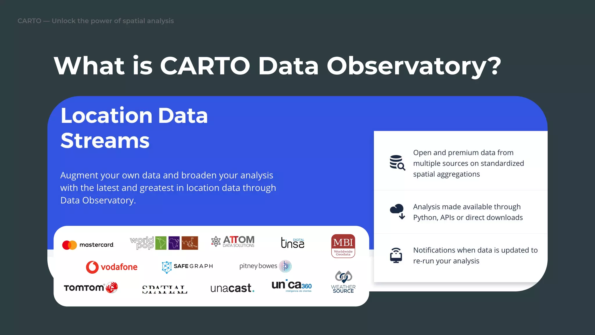 CARTO — Unlock the power of spatial analysis
What is CARTO Data Observatory?
 