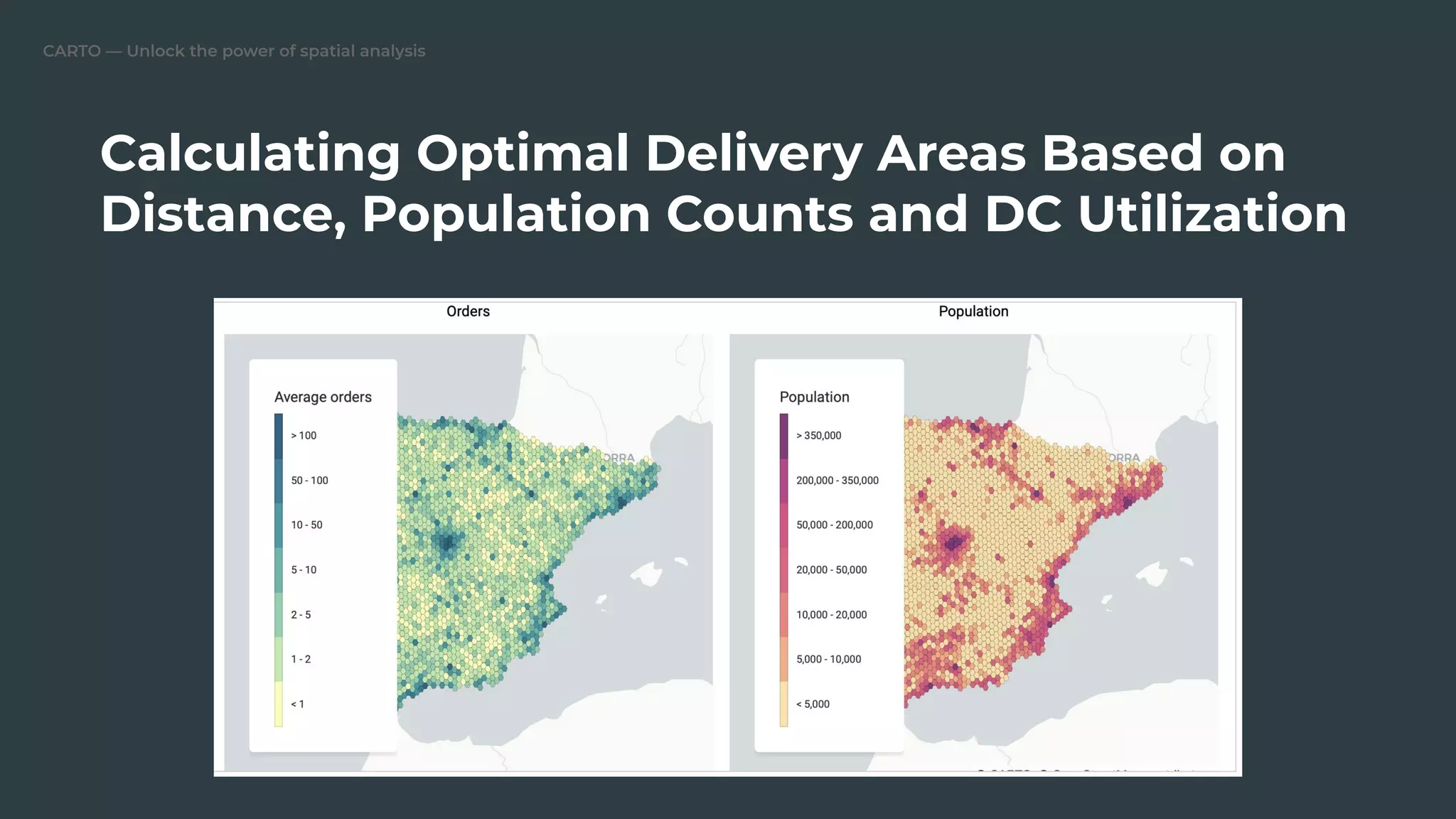 CARTO — Unlock the power of spatial analysis
Calculating Optimal Delivery Areas Based on
Distance, Population Counts and DC Utilization
 
