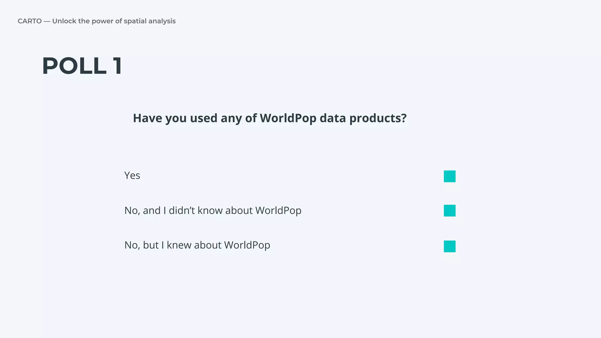 CARTO — Unlock the power of spatial analysis
No, but I knew about WorldPop
No, and I didn’t know about WorldPop
POLL 1
Yes
Have you used any of WorldPop data products?
 