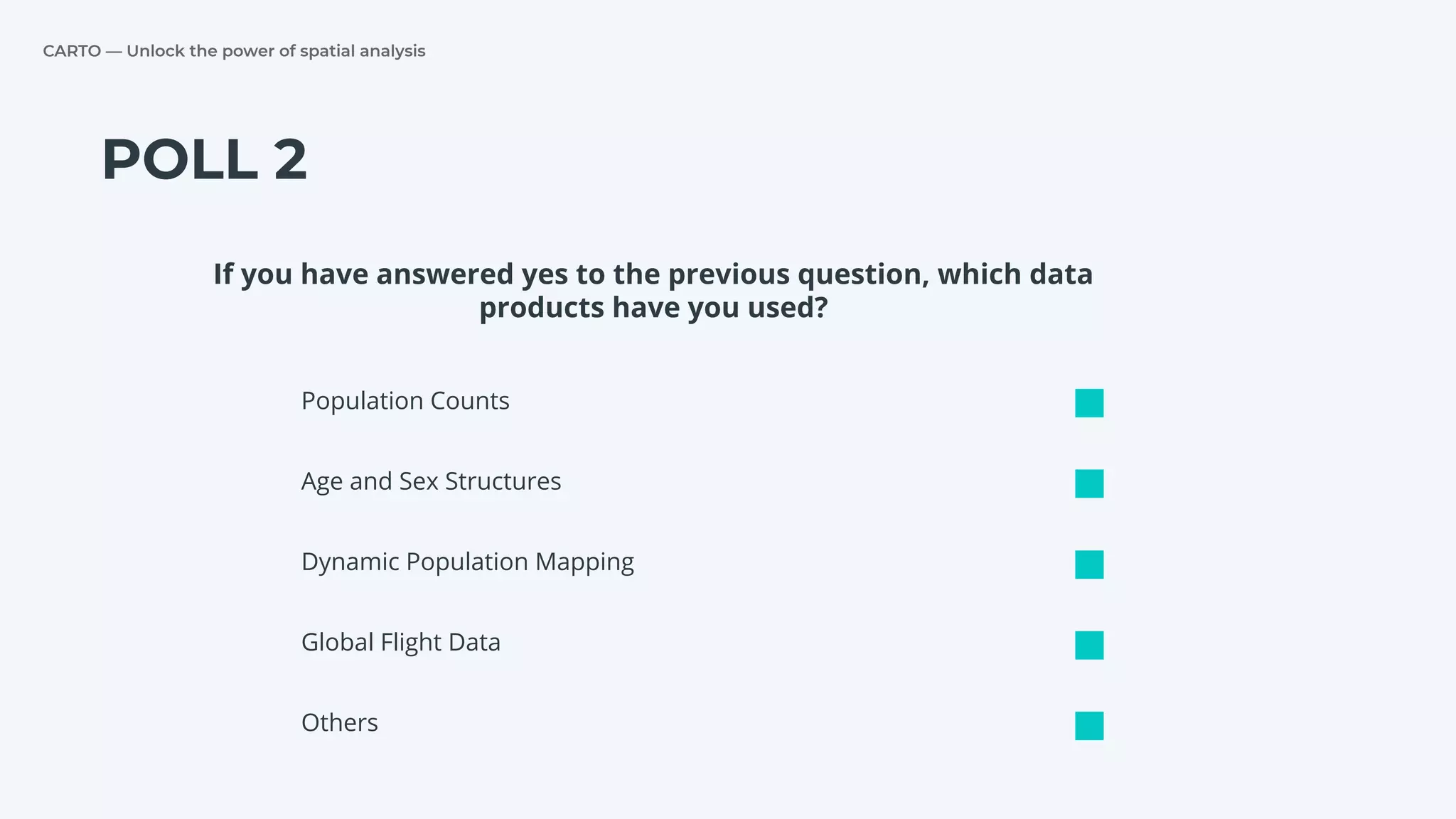CARTO — Unlock the power of spatial analysis
POLL 2
Population Counts
Age and Sex Structures
Dynamic Population Mapping
If you have answered yes to the previous question, which data
products have you used?
Global Flight Data
Others
 