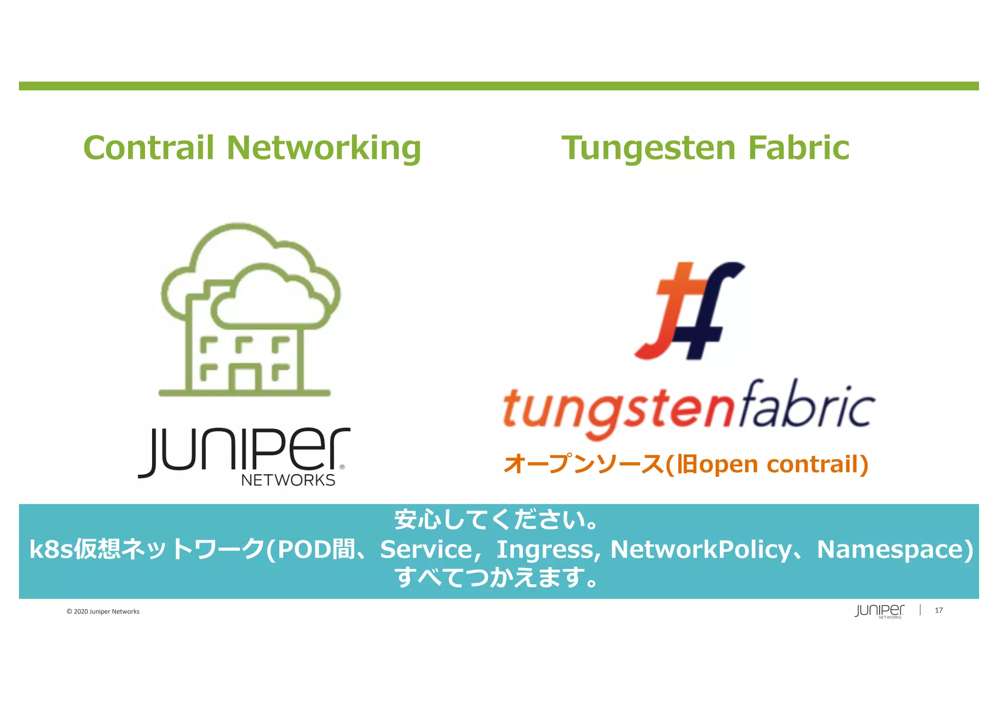 © 2020 Juniper Networks 17
Tungesten FabricContrail Networking
安⼼してください。
k8s仮想ネットワーク(POD間、Service，Ingress, NetworkPolicy、Namespace)
すべてつかえます。
オープンソース(旧open contrail)
 