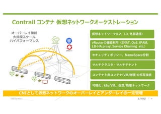 © 2020 Juniper Networks 18
オーバーレイ接続
⼤規模スケール
ハイパフォーマンス
Contrail コンテナ 仮想ネットワークオーケストレーション
CNIとして仮想ネットワークのオーバーレイとアンダーレイの⼀元管理
仮想ネットワーク(L2, L3, 外部通信)
vRouterの機能利⽤ (SNAT, QoS, IPAM,
LB-HA proxy, Service Chaining etc.)
セキュリティポリシー、NameSpace分割
マルチクラスタ・マルチテナント
コンテナと⾮コンテナ(VM,物理)の相互接続
可視化 : k8s/VM、仮想/物理ネットワーク
 
