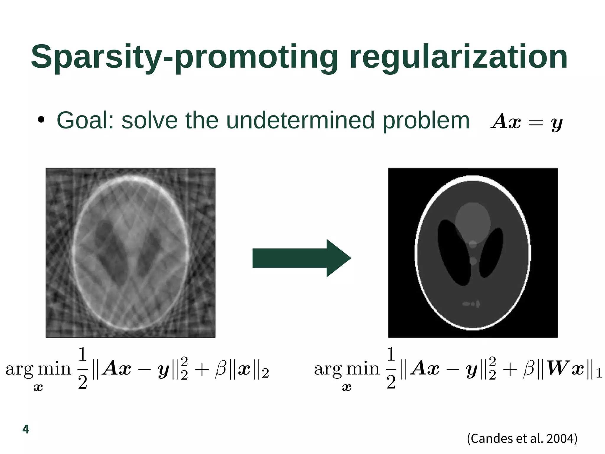 4
Sparsity-promoting regularization
(Candes et al. 2004)
●
Goal: solve the undetermined problem
 