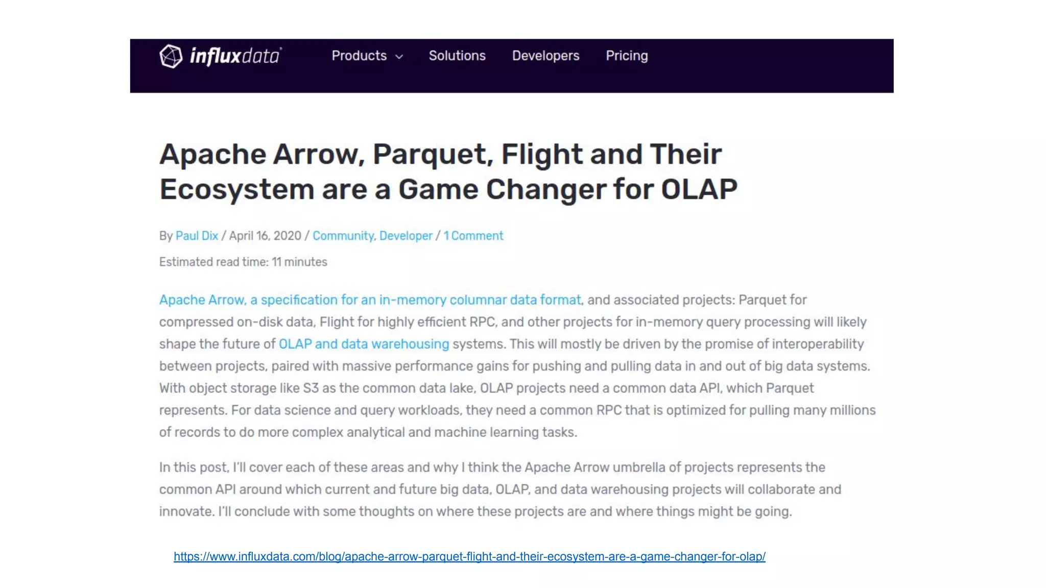 https://www.influxdata.com/blog/apache-arrow-parquet-flight-and-their-ecosystem-are-a-game-changer-for-olap/ 