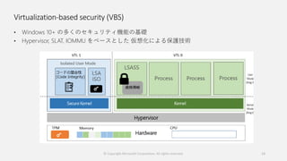 Virtualization-based security (VBS)
• Windows 10+ の多くのセキュリティ機能の基礎
• Hypervisor, SLAT, IOMMU をベースとした 仮想化による保護技術
© Copyright Microsoft Corporation. All rights reserved. 13
 