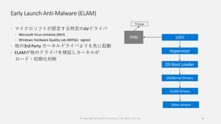Early Launch Anti-Malware (ELAM)
 マイクロソフトが認定する特定のAVドライバ
 Microsoft Virus Initiative (MVI)
 Windows Hardware Quality Lab (WHQL) signed
 他の3rd Party カーネルドライバよりも先に起動
 ELAMが他のドライバを検証しカーネルが
ロード・初期化判断
© Copyright Microsoft Corporation. All rights reserved. 15
TCGLogs
 