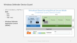 Windows Defender Device Guard
 デバイスのロックダウン
機能
 KMCI
 UMCI
 +VBS = HVCI
 Windows Defender
Application Control
(WDAC)
© Copyright Microsoft Corporation. All rights reserved. 17
 