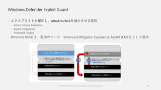 Windows Defender Exploit Guard
 エクスプロイトを緩和し、Attack Surfaceを減少させる技術
© Copyright Microsoft Corporation. All rights reserved. 18
 