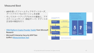 Measured Boot
 UEFIを使ってファームウェアやブートローダ、
ブートドライバなどのハッシュを記録
 そしてスタートアッププロセスの最後に、アテ
ステーションサーバ（検証サーバ）でブートの
正当性の検証を行う
 TPM Platform Crypto-Provider Toolkit from Microsoft
Research
 Microsoft Enterprise Security MVP Dan
Griffin’s Measured Boot Tool.
© Copyright Microsoft Corporation. All rights reserved. 21
 