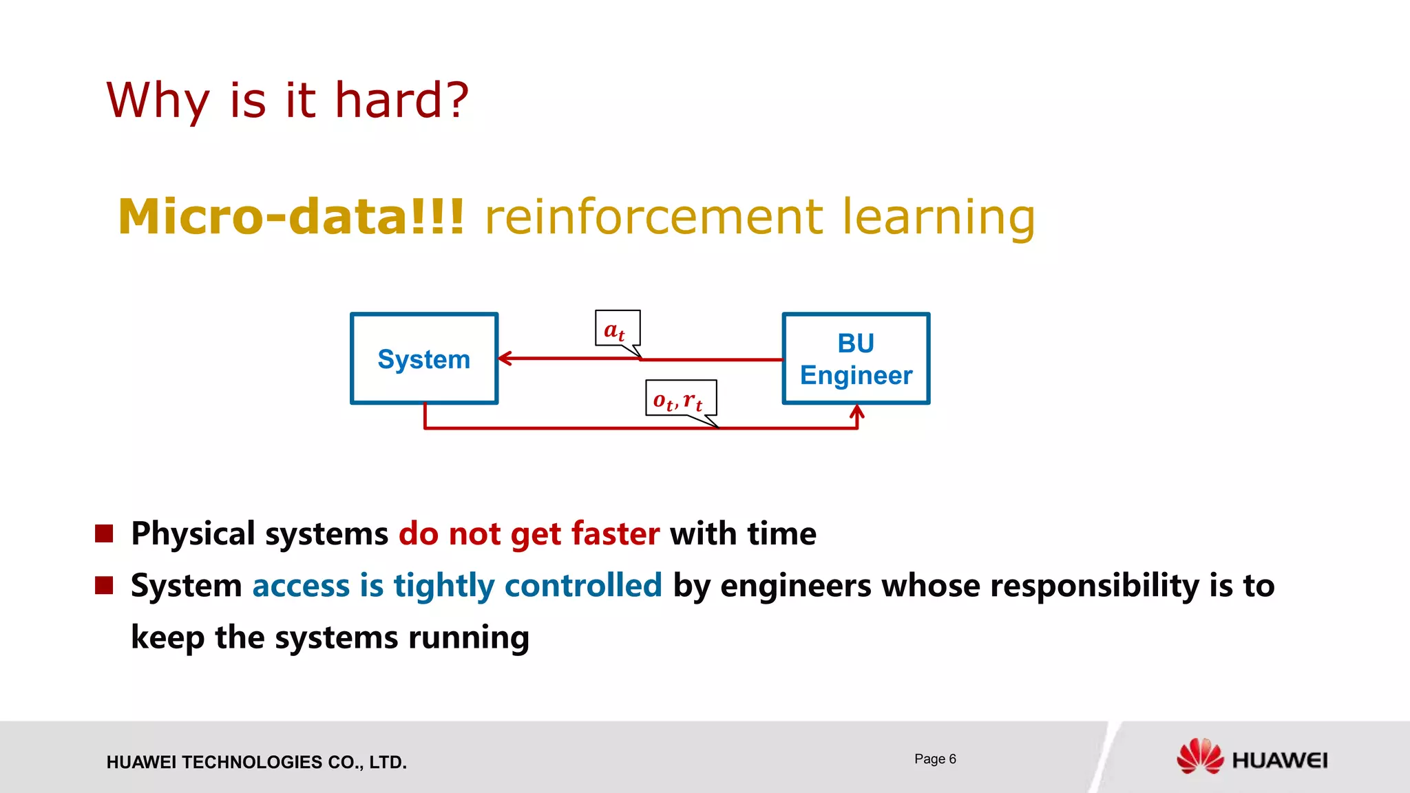 HUAWEI TECHNOLOGIES CO., LTD. Page 6
 Physical systems do not get faster with time
 System access is tightly controlled by engineers whose responsibility is to
keep the systems running
Why is it hard?
BU
Engineer
System
𝒂 𝒕
𝒐 𝒕, 𝒓𝒕
Micro-data!!! reinforcement learning
 